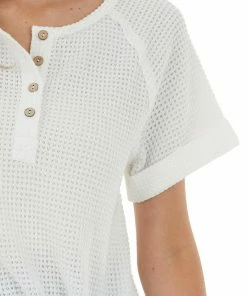 Jodifl Pearl Short Sleeve Henley Waffle Knit Top