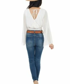 Peach Love Tops Pearl Swiss Dot Long Kimono Sleeve Crop Top With Tie Detail