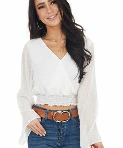 Peach Love Tops Pearl Swiss Dot Long Kimono Sleeve Crop Top With Tie Detail