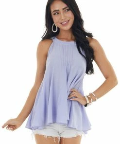 Entro Periwinkle Halter Neck Loose Fit Sleeveless Flare Blouse Tops