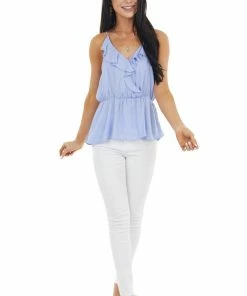 Do + Be Tops Periwinkle Sleeveless Surplice Blouse With Open Lace Up Back