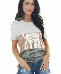 Vanilla Bay Tops Pewter Grey Camo Colorblock Knit Tee With Short Sleeves