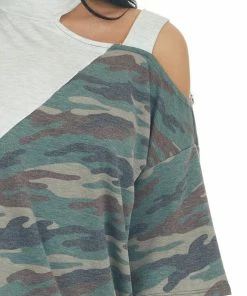 Vanilla Bay Tops Pewter Grey Cold Shoulder Top With Asymmetrical Camo Print