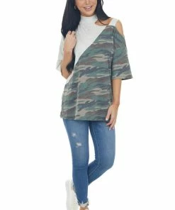 Vanilla Bay Tops Pewter Grey Cold Shoulder Top With Asymmetrical Camo Print