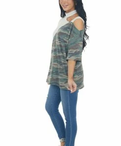 Vanilla Bay Tops Pewter Grey Cold Shoulder Top With Asymmetrical Camo Print