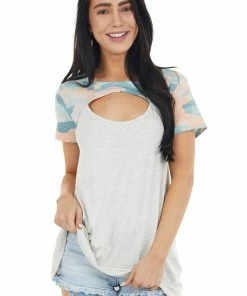Vanilla Bay Light Grey Colorblock Camo Short Sleeve Cut Out Knit Top