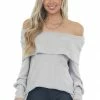 Andree Pewter Grey Folded Off Shoulder Ribbed Knit Top