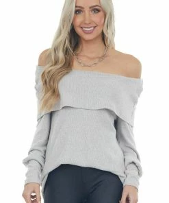 Andree Pewter Grey Folded Off Shoulder Ribbed Knit Top