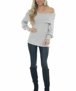 Andree Pewter Grey Folded Off Shoulder Ribbed Knit Top