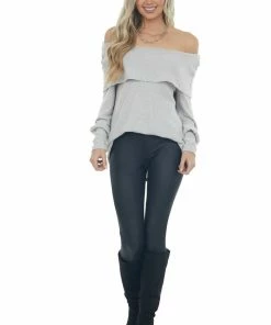 Andree Pewter Grey Folded Off Shoulder Ribbed Knit Top