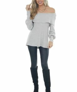Andree Pewter Grey Folded Off Shoulder Ribbed Knit Top