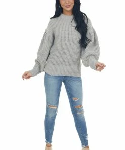 GeeGee Tops Pewter Grey Puff Sleeve Thick Knit Sweater