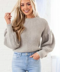 GeeGee Tops Pewter Grey Puff Sleeve Thick Knit Sweater