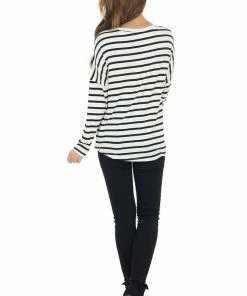Lovely Melody Pine And Ivory Striped Long Sleeve Top With Solid Front