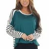Lovely Melody Pine And Ivory Striped Long Sleeve Top With Solid Front 1 Lovely Melody Pine And Ivory Striped Long Sleeve Top With Solid Front