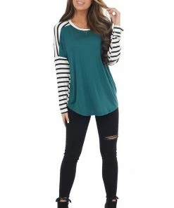 Lovely Melody Pine And Ivory Striped Long Sleeve Top With Solid Front