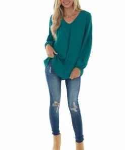 Jodifl Pine Drop Shoulder Bubble Sleeve Woven Top