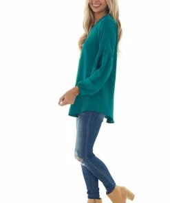 Jodifl Pine Drop Shoulder Bubble Sleeve Woven Top