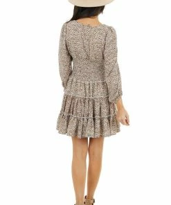 Bighit Fashion Pine Floral Print Ruffle Tiered Dress With Smocked Waist