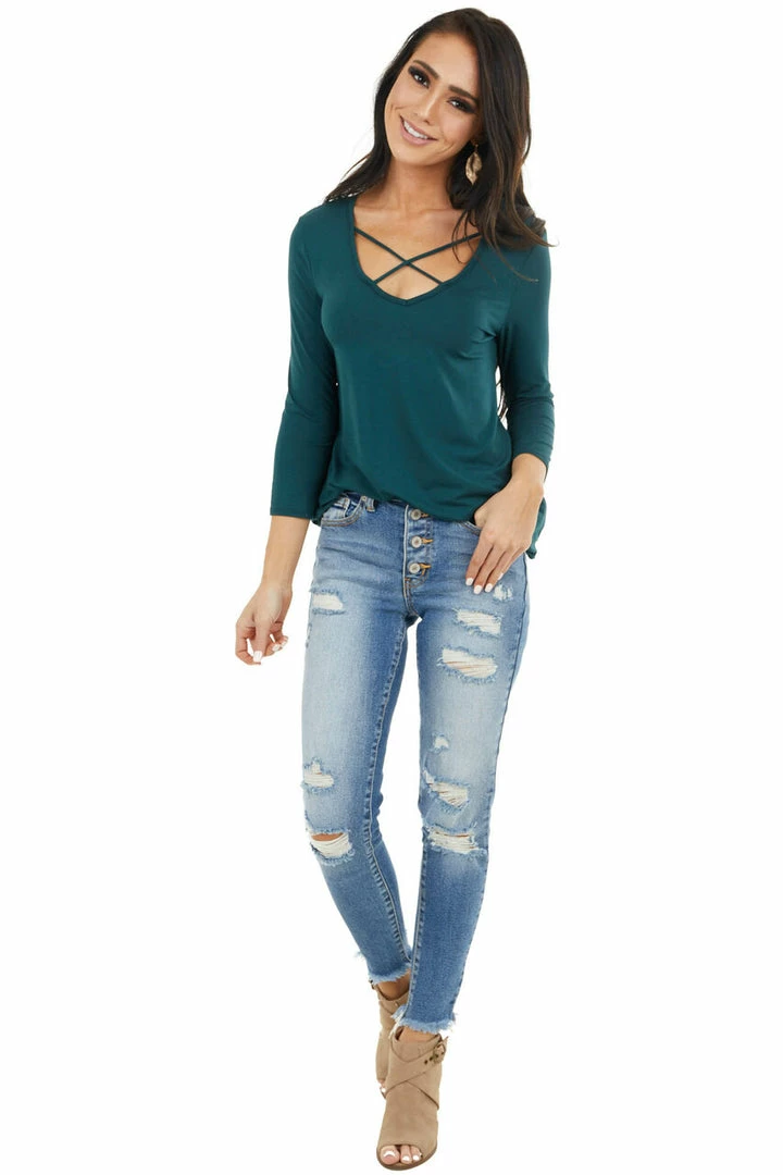 Lime 'N' Chili Pine Green 3/4 Sleeve Knit Top With Criss Cross Details 4 Lime 'N' Chili Pine Green 3/4 Sleeve Knit Top With Criss Cross Details
