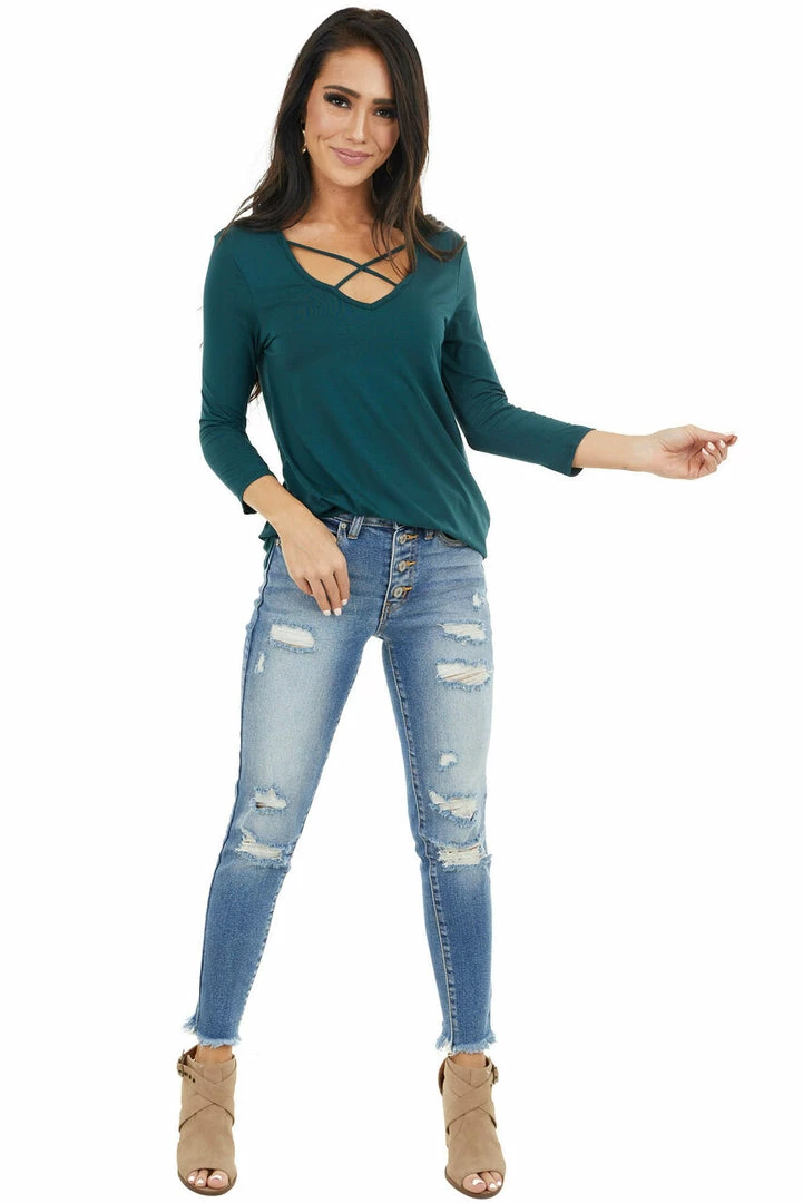 Lime 'N' Chili Pine Green 3/4 Sleeve Knit Top With Criss Cross Details 5 Lime 'N' Chili Pine Green 3/4 Sleeve Knit Top With Criss Cross Details
