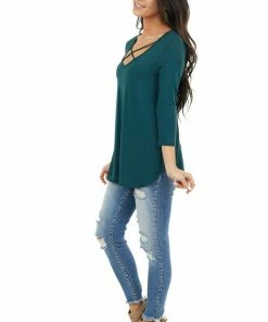 Lime 'N' Chili Pine Green 3/4 Sleeve Knit Top With Criss Cross Details 23 Lime 'N' Chili Pine Green 3/4 Sleeve Knit Top With Criss Cross Details