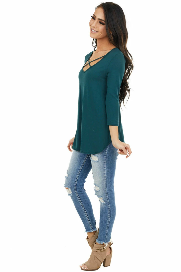 Lime 'N' Chili Pine Green 3/4 Sleeve Knit Top With Criss Cross Details 8 Lime 'N' Chili Pine Green 3/4 Sleeve Knit Top With Criss Cross Details
