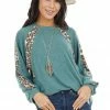 Cotton Bleu Pine Green And Leopard Print Colorblock Long Sleeve Top Tops