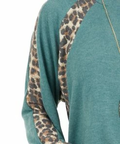 Cotton Bleu Pine Green And Leopard Print Colorblock Long Sleeve Top Tops