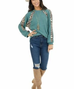 Cotton Bleu Pine Green And Leopard Print Colorblock Long Sleeve Top Tops