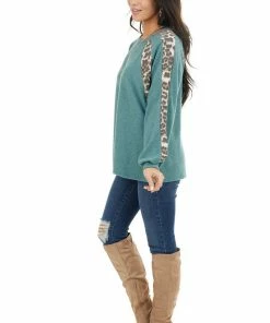 Cotton Bleu Pine Green And Leopard Print Colorblock Long Sleeve Top Tops