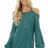 First Love Tops Pine Green Cold Shoulder Long Sleeve Top With Keyhole Detail