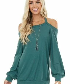 First Love Tops Pine Green Cold Shoulder Long Sleeve Top With Keyhole Detail