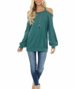 First Love Tops Pine Green Cold Shoulder Long Sleeve Top With Keyhole Detail