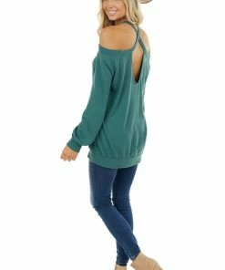 First Love Tops Pine Green Cold Shoulder Long Sleeve Top With Keyhole Detail