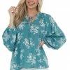 Ces Femme Pine Green Floral Print Bubble Sleeve Blouse