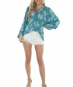 Ces Femme Pine Green Floral Print Bubble Sleeve Blouse 19 Ces Femme Pine Green Floral Print Bubble Sleeve Blouse