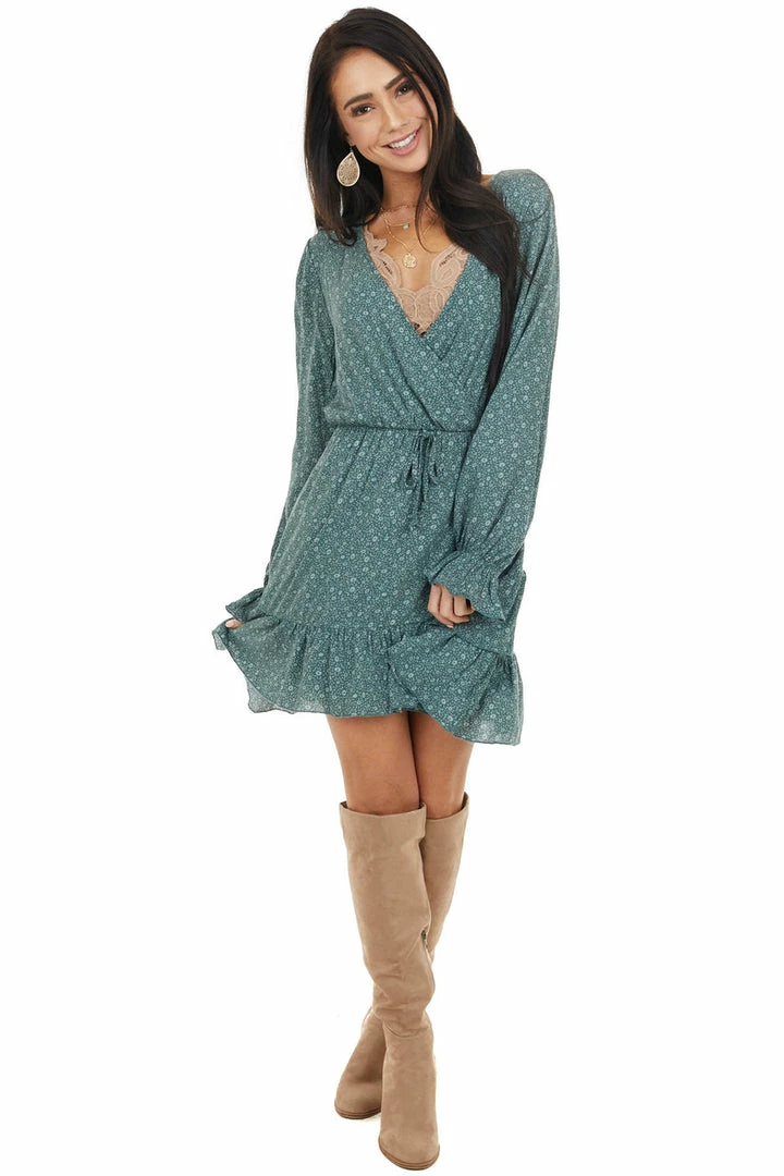 Peach Love Dresses Pine Green Floral Print Long Sleeve Dress With Ruffle Detail 6 Peach Love Dresses Pine Green Floral Print Long Sleeve Dress With Ruffle Detail
