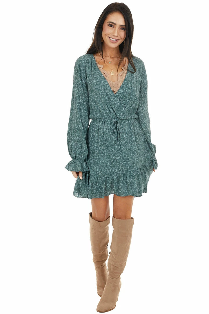 Peach Love Dresses Pine Green Floral Print Long Sleeve Dress With Ruffle Detail 5 Peach Love Dresses Pine Green Floral Print Long Sleeve Dress With Ruffle Detail