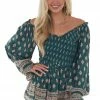 Nostalgia Pine Green Printed Off Shoulder Smocked Blouse
