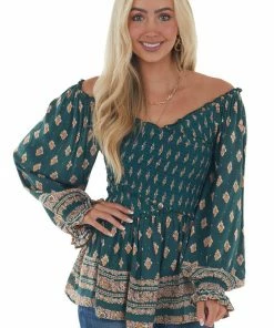 Nostalgia Pine Green Printed Off Shoulder Smocked Blouse
