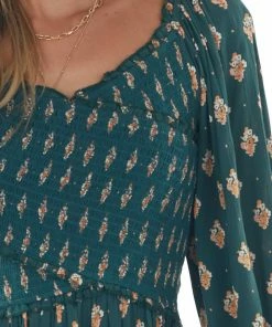 Nostalgia Pine Green Printed Off Shoulder Smocked Blouse