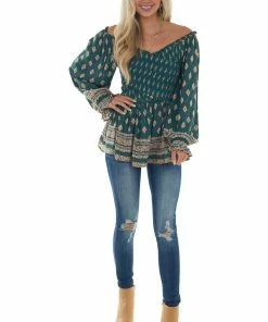 Nostalgia Pine Green Printed Off Shoulder Smocked Blouse