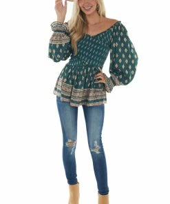 Nostalgia Pine Green Printed Off Shoulder Smocked Blouse