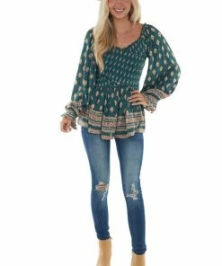 Nostalgia Pine Green Printed Off Shoulder Smocked Blouse