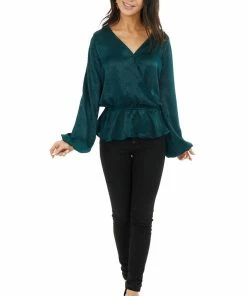 Caramela Pine Green Satin Surplice Blouse With Elastic Ruffle Hemline Tops