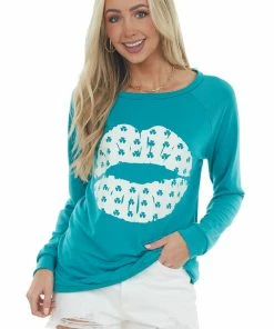 BiBi Pine Green Shamrock Lip Graphic Knit Top