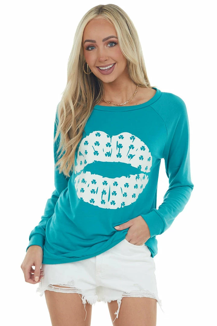 BiBi Pine Green Shamrock Lip Graphic Knit Top 3 BiBi Pine Green Shamrock Lip Graphic Knit Top