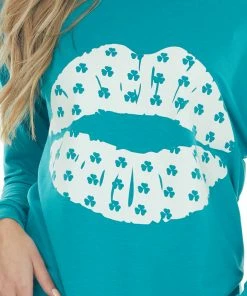 BiBi Pine Green Shamrock Lip Graphic Knit Top 22 BiBi Pine Green Shamrock Lip Graphic Knit Top