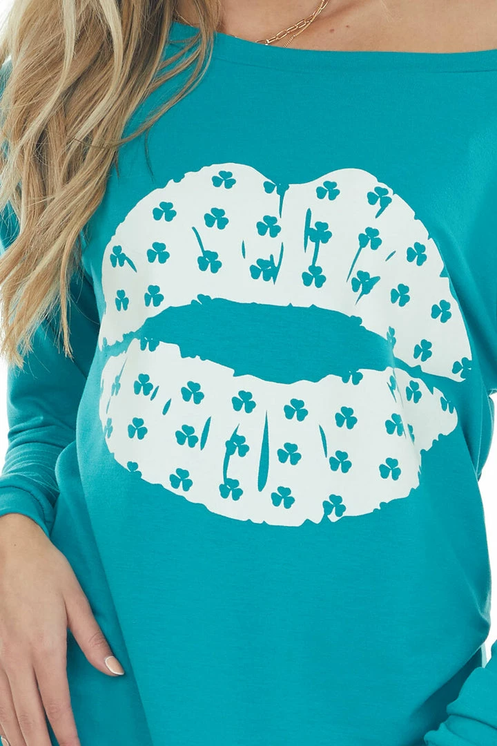BiBi Pine Green Shamrock Lip Graphic Knit Top 10 BiBi Pine Green Shamrock Lip Graphic Knit Top